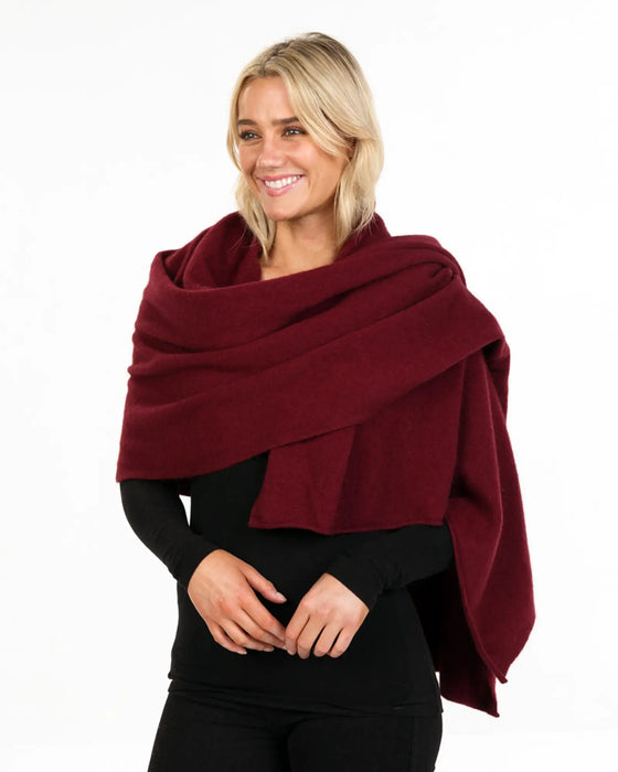 NE815 cherry red travel wrap in possum merino wool