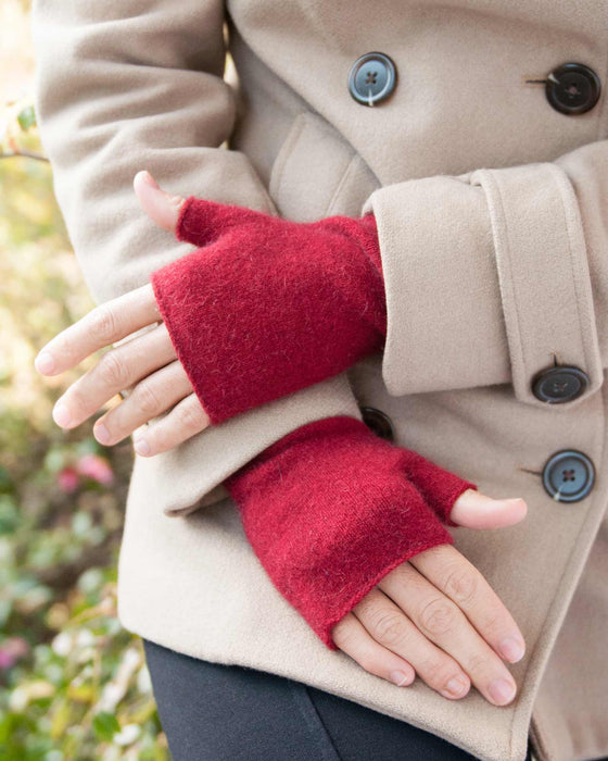 possum merino wool handwarmers in berry red