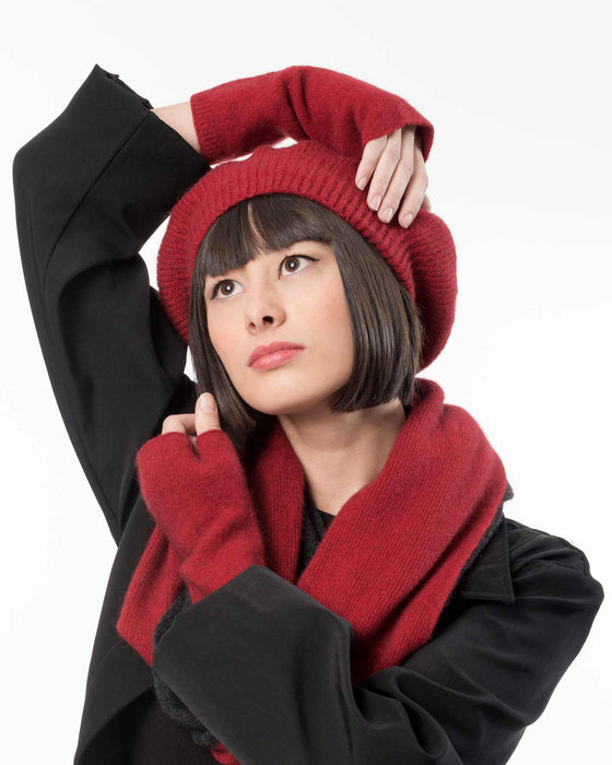 Berry red handwarmers in possum merino wool