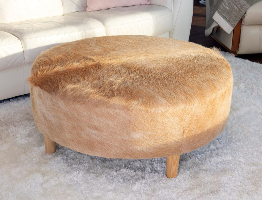 Beige Cowhide Ottoman Light Round Wood Legs 95x95x40cm