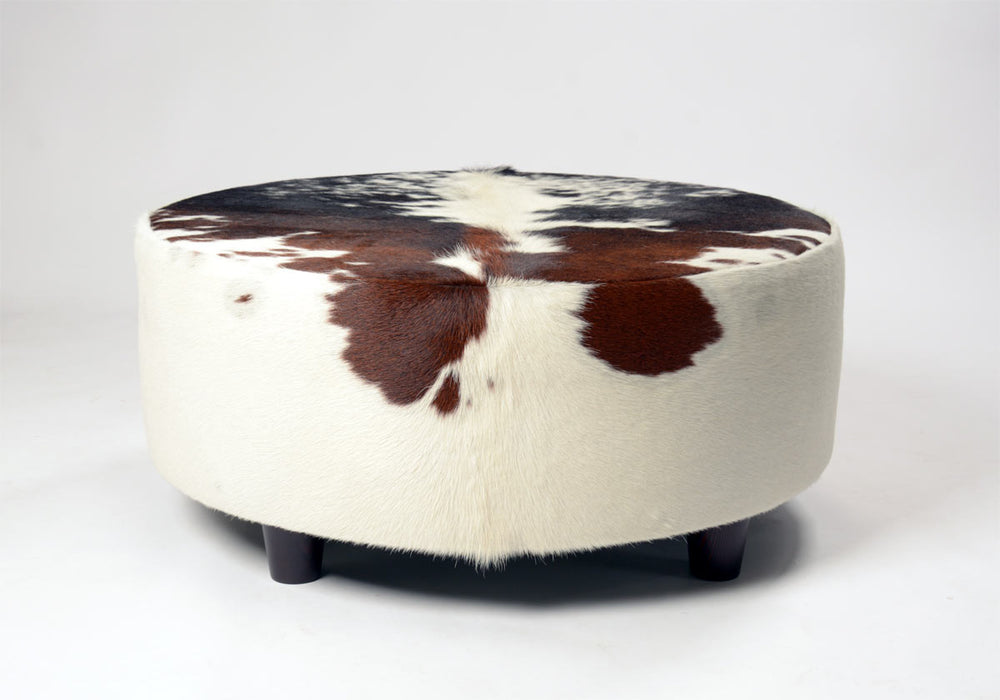 Round cowhide ottoman low 10cm wood legs