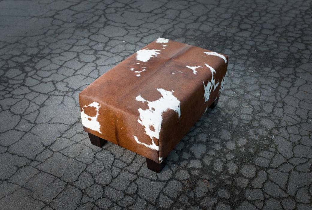 Cowhide Footstool with Low Wood Legs