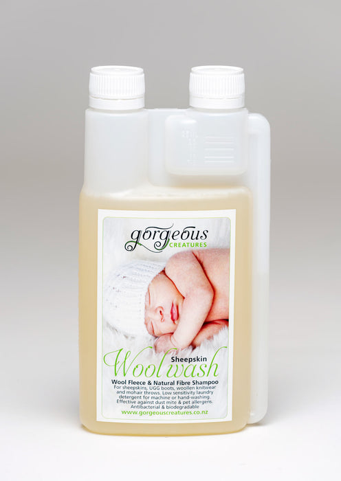 Gorgeous Creatures woolskin wash shampoo to clean a sheepskin rug