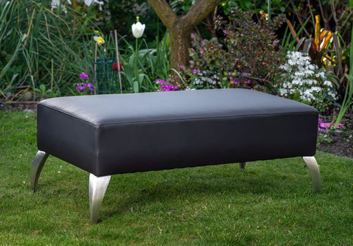 Black leather ottoman made in New Zealand metal legs