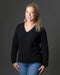 Black Women's Vee-Neck Possum Merino Wool Sweater - NB396