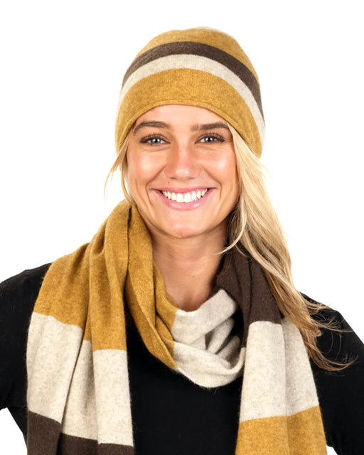 NX824 striped possum merino travel scarf cocoa marigold