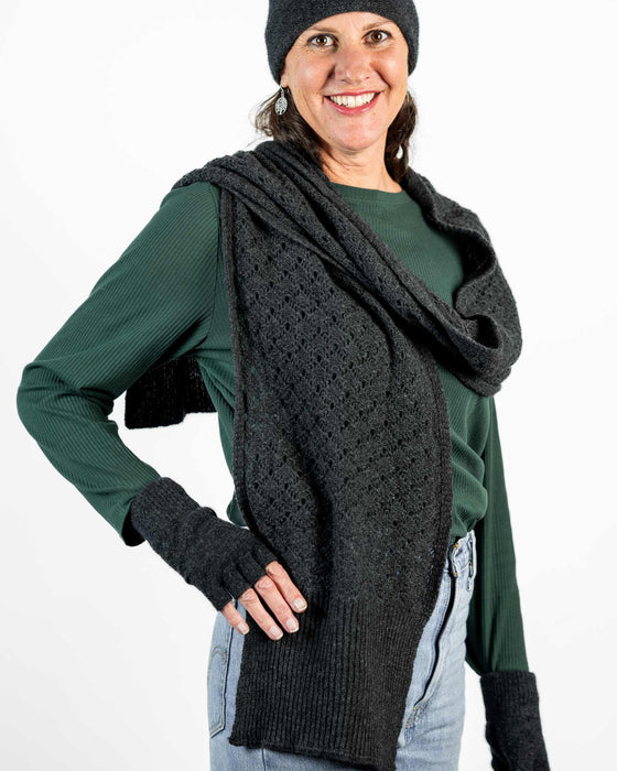 NX878-possum merino lace scarf in Charcoal Grey