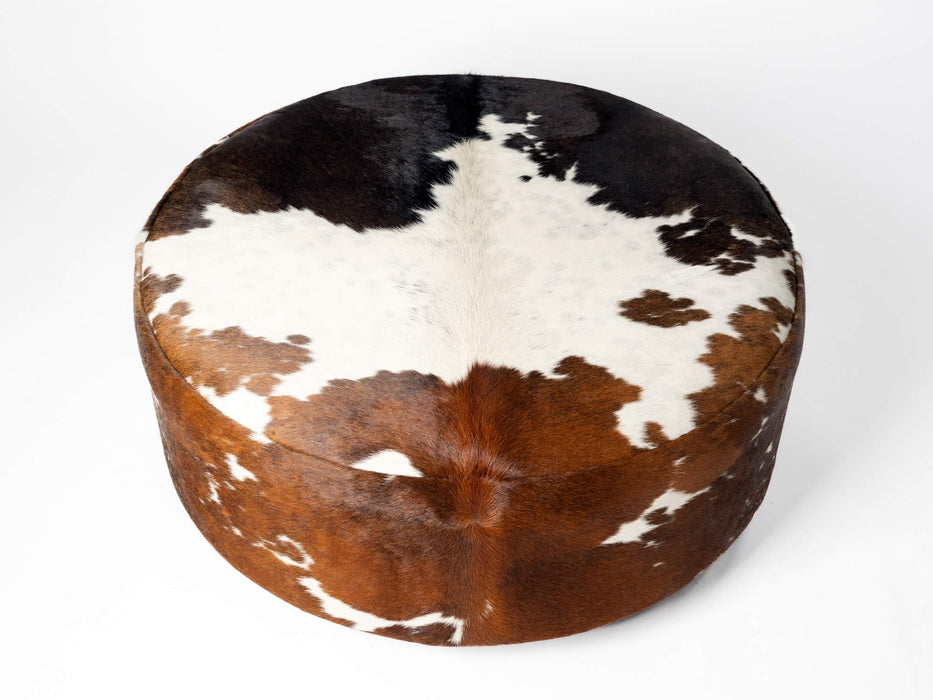 Round ottoman in tri-colour cowhide 85cm x85cm