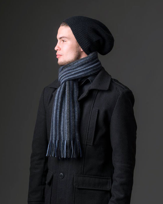 Possum & Merino Wool Black Blue Grey Multi Stripe Scarf - NX378