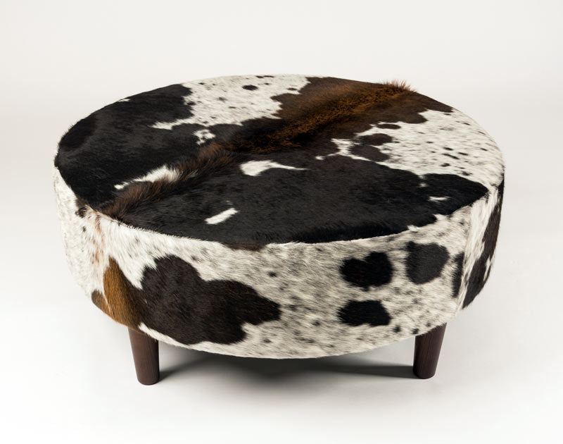 Cowhide Ottoman Round Wood Legs 95x95x40cm