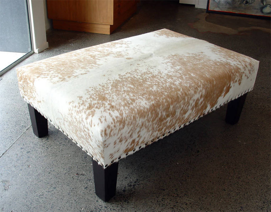 Cowhide Ottoman with Wood Legs & Studs 120x100x40cm