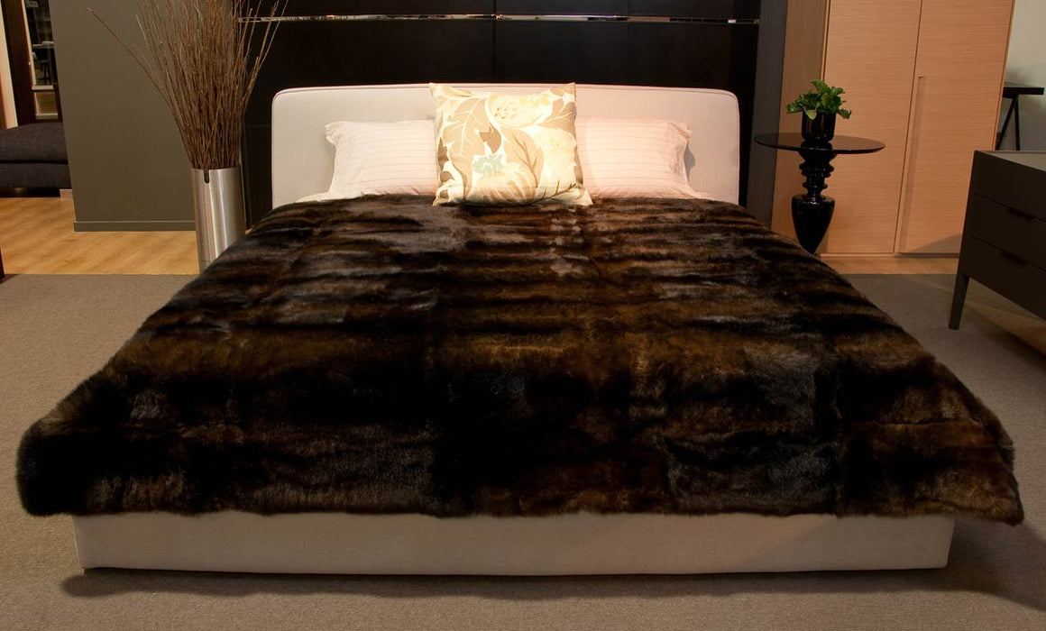NZ Made Chocolate Brown Possum Fur Blanket on Queen sized bed