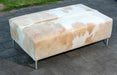 Beige & White Cowhide Ottoman with Metal Legs