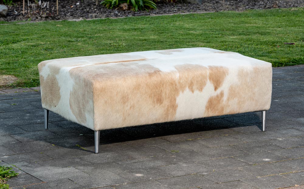 Beige & White Cowhide Ottoman with Metal Legs