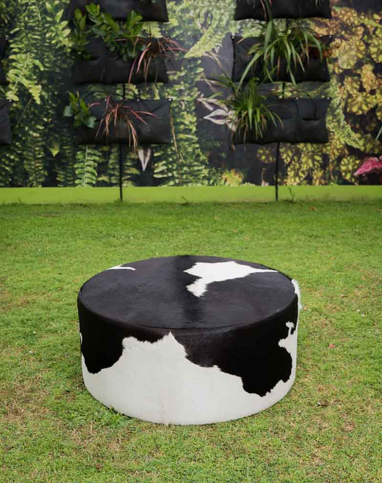 Black & White Cowhide Ottoman Round Deep Drum