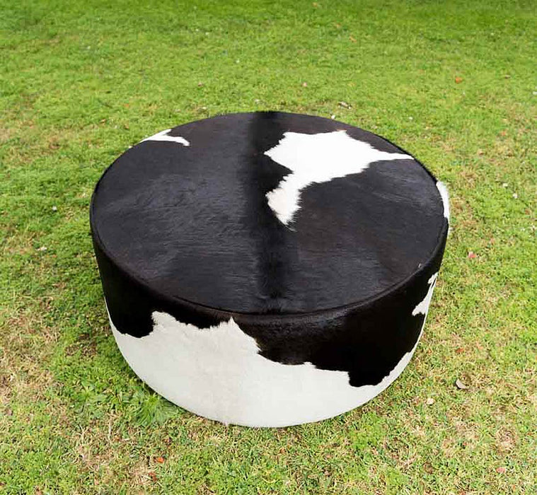Black & White Cowhide Ottoman Round Deep Drum