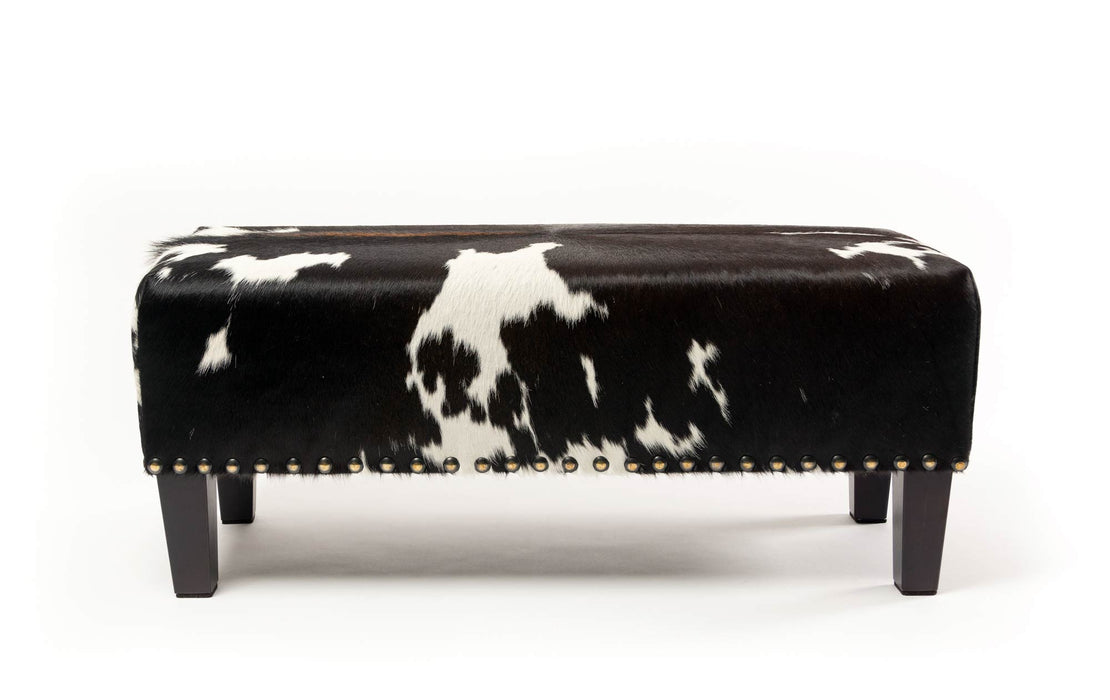 Cowhide Ottoman with Wood Legs and Studs 100x40x40cm