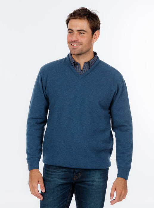 Men's merino wool vee-neck sweater in new Marine Blue