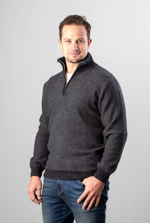 Native World Charcoal Men's Textured Half Zip Wool Sweater - NE338