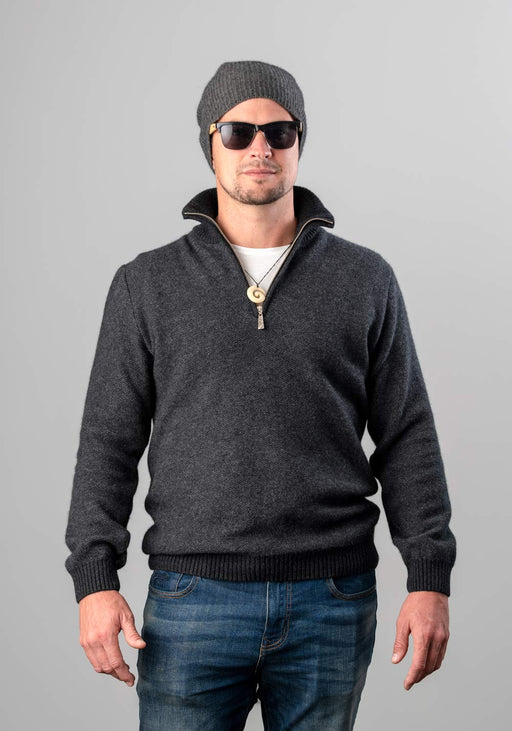 Native World Charcoal Men's Textured Half Zip Wool Sweater - NE338