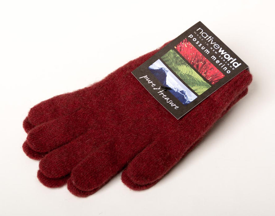 Berry red possum merino wool gloves