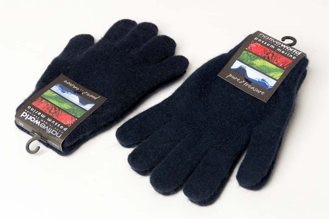 Possum Merino Gloves - Navy blue knitted wool gloves unisex NX100