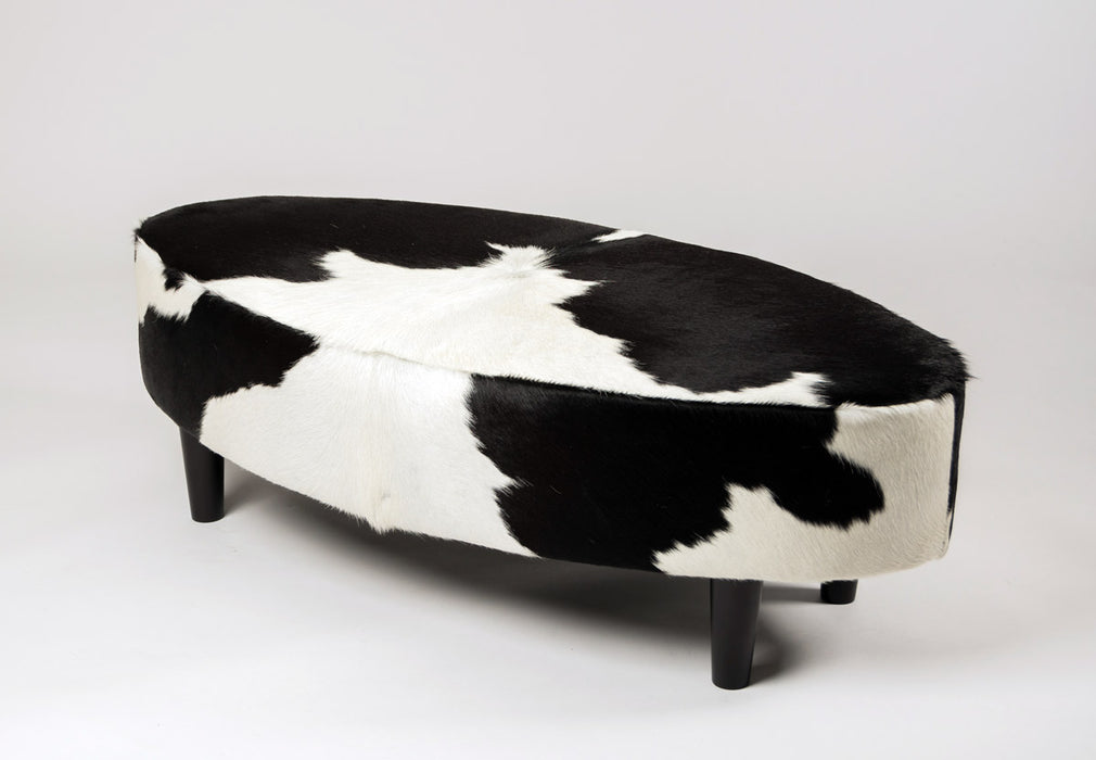 Black & White Cowhide Ottoman Oval Wood Legs 120x60x38cm