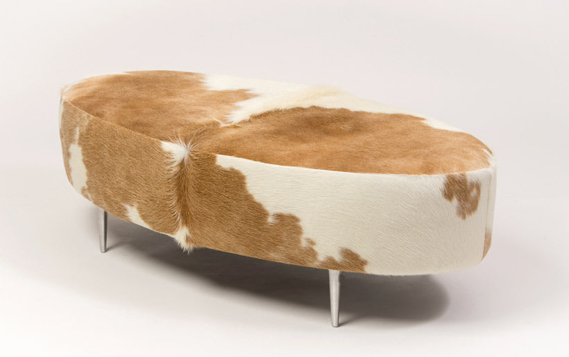 Cowhide Ottoman Oval Beige & White with Metal Legs 120x60x38cm