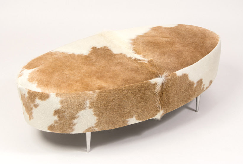 Cowhide Ottoman Oval Beige & White with Metal Legs 120x60x38cm