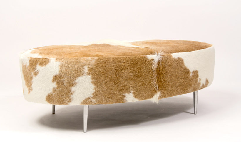 Cowhide Ottoman Oval Beige & White with Metal Legs 120x60x38cm