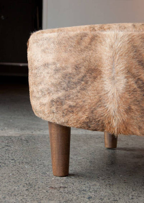 Caramel Exotic Cowhide Ottoman Round with Wood Legs 80x80x38cm
