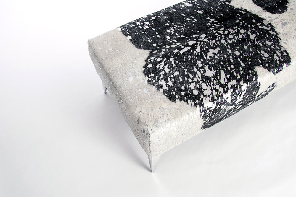 Metallic silver, black & white cowhide bench ottoman