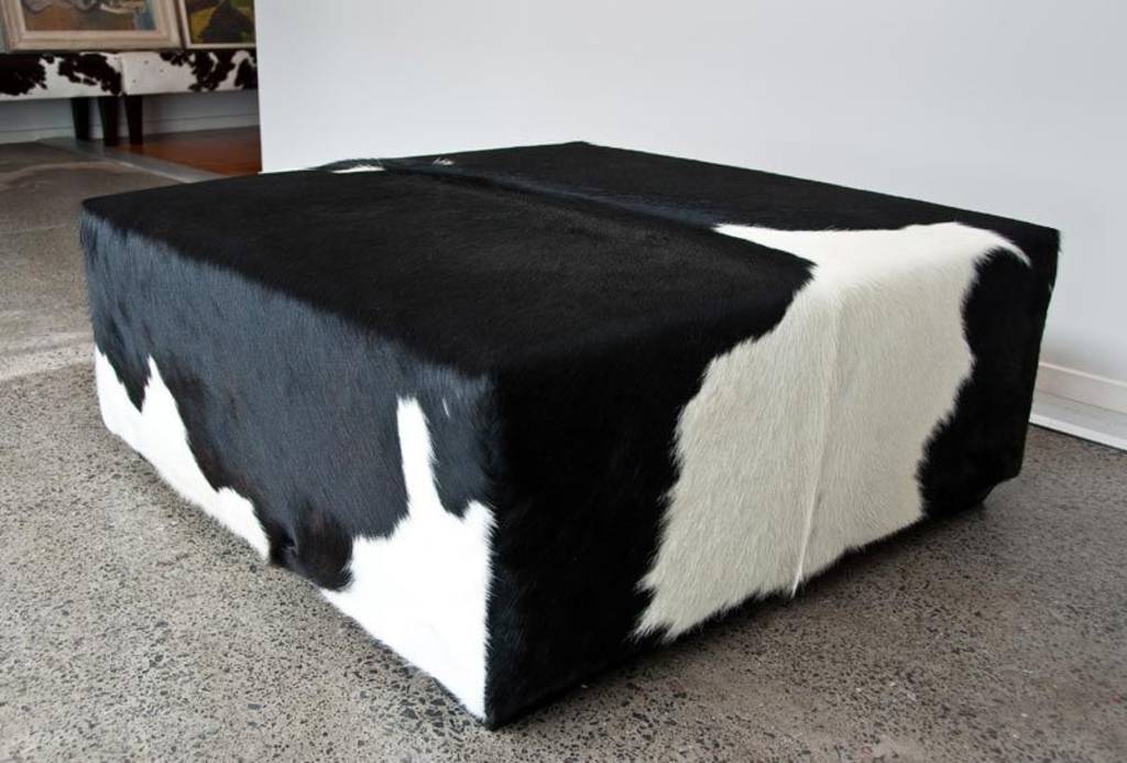 Black and white Cowhide Ottoman with Low Square Wood Legs 98x98x40cm