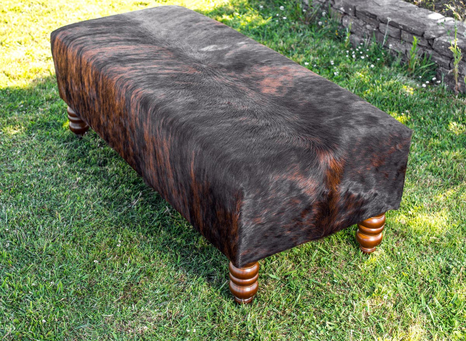 Cowhide Ottoman with Turned Wood Legs 138x60x50cm