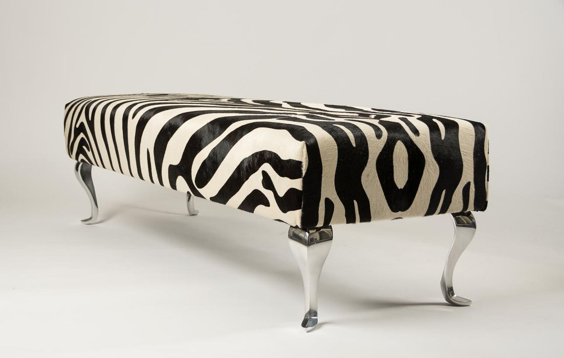 End of bed or bench zebra print cowhide ottoman