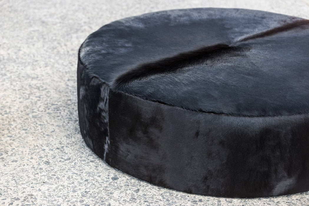 Black Cowhide Ottoman Large Deep Round 130x130x35cm