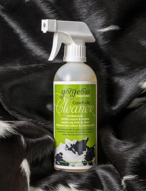 Gorgeous Creatures cowhide cleaner spray to clean a cowhide rug