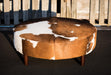 Cowhide Ottoman Round Brown and White Wood Legs 110x110x40cm